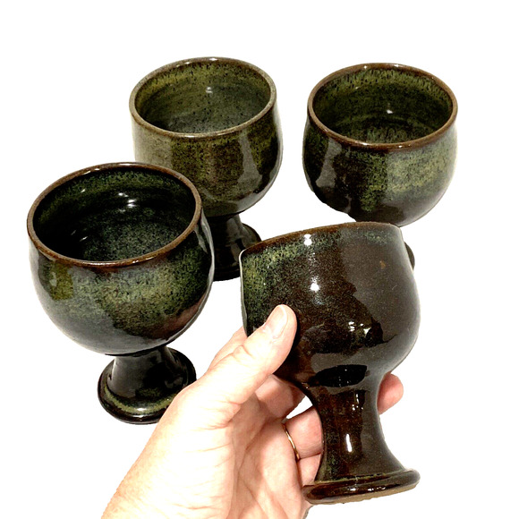 Vintage Jugtown Pottery Glazed Goblets Wine Glasses Green Brown Artisan Handmade - Picture 9 of 12
